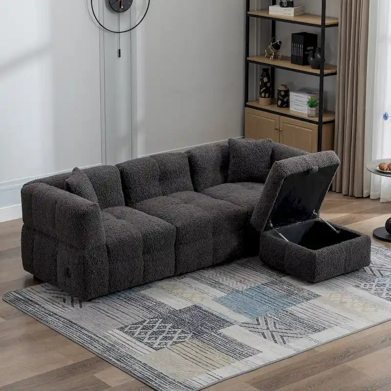 Roomfitters Cozy Teddy Fleece Fabric Sectional Sofa with USB Ports, Movable Storage Ottoman, and Two Lumbar Pillows