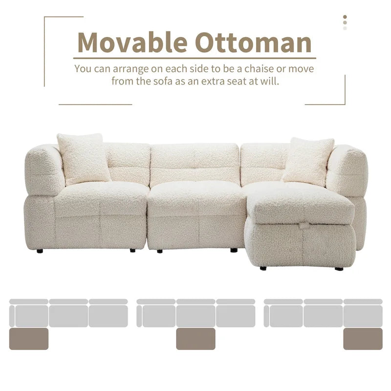 Roomfitters Cozy Teddy Fleece Fabric Sectional Sofa with USB Ports, Movable Storage Ottoman, and Two Lumbar Pillows