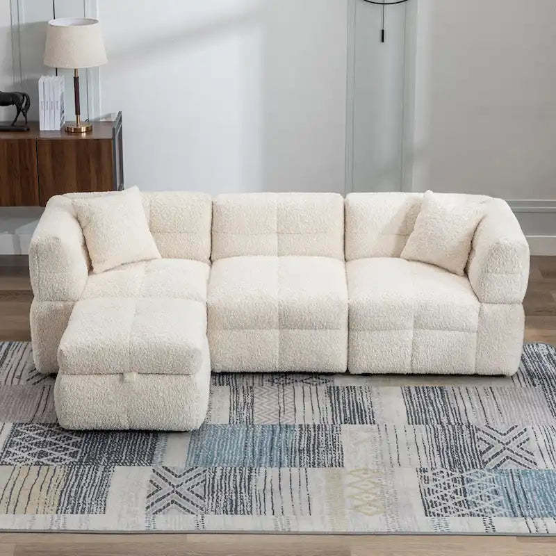 Roomfitters Cozy Teddy Fleece Fabric Sectional Sofa with USB Ports, Movable Storage Ottoman, and Two Lumbar Pillows