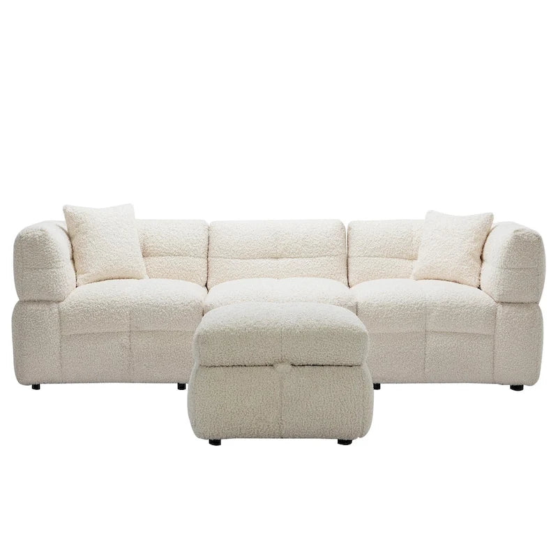 Roomfitters Cozy Teddy Fleece Fabric Sectional Sofa with USB Ports, Movable Storage Ottoman, and Two Lumbar Pillows