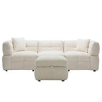 Roomfitters Cozy Teddy Fleece Fabric Sectional Sofa with USB Ports, Movable Storage Ottoman, and Two Lumbar Pillows