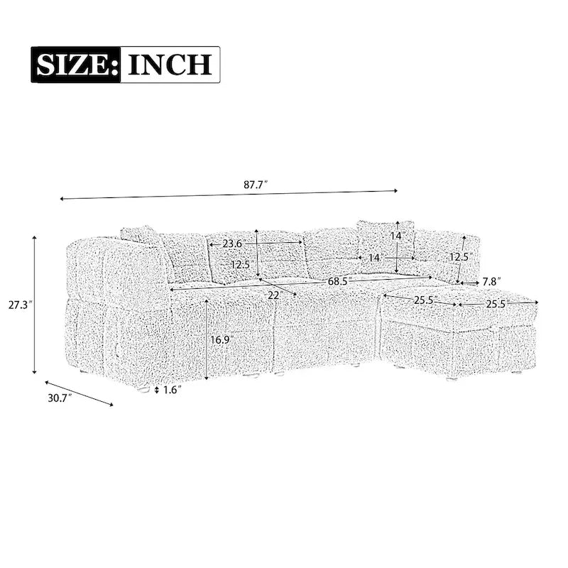 Roomfitters Cozy Teddy Fleece Fabric Sectional Sofa with USB Ports, Movable Storage Ottoman, and Two Lumbar Pillows