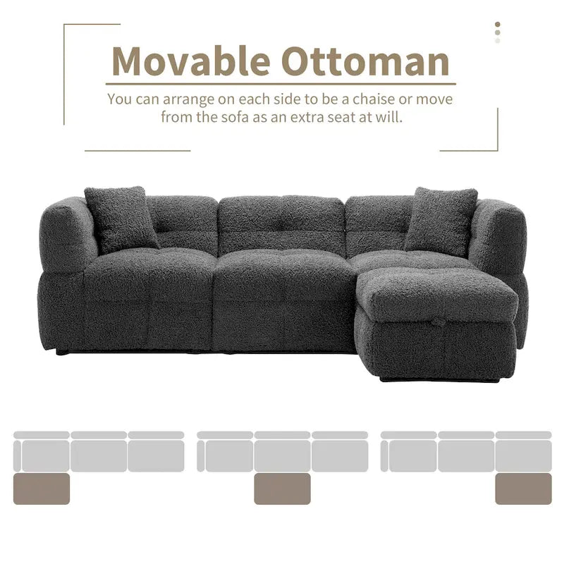 Roomfitters Cozy Teddy Fleece Fabric Sectional Sofa with USB Ports, Movable Storage Ottoman, and Two Lumbar Pillows