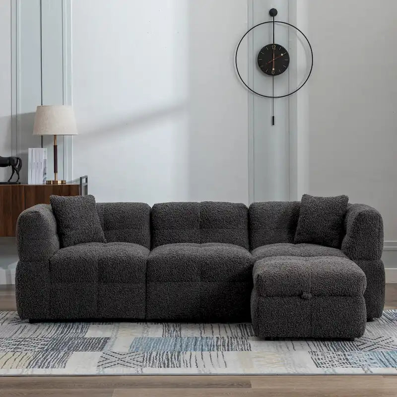 Roomfitters Cozy Teddy Fleece Fabric Sectional Sofa with USB Ports, Movable Storage Ottoman, and Two Lumbar Pillows