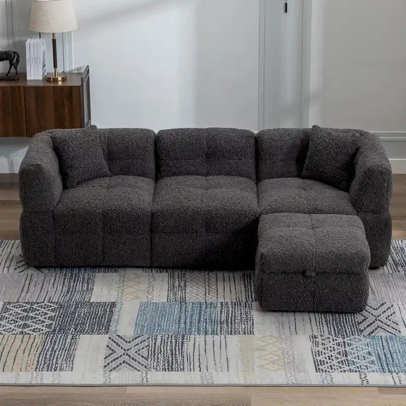 Roomfitters Cozy Teddy Fleece Fabric Sectional Sofa with USB Ports, Movable Storage Ottoman, and Two Lumbar Pillows