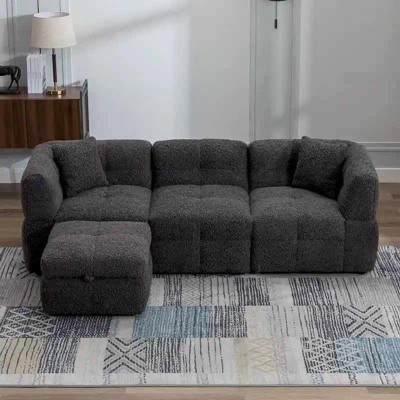 Roomfitters Cozy Teddy Fleece Fabric Sectional Sofa with USB Ports, Movable Storage Ottoman, and Two Lumbar Pillows