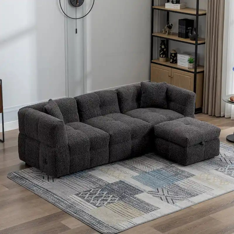 Roomfitters Cozy Teddy Fleece Fabric Sectional Sofa with USB Ports, Movable Storage Ottoman, and Two Lumbar Pillows