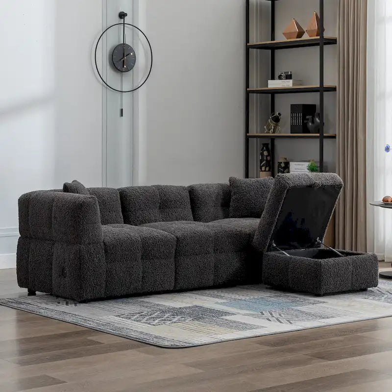 Roomfitters Cozy Teddy Fleece Fabric Sectional Sofa with USB Ports, Movable Storage Ottoman, and Two Lumbar Pillows