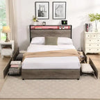 Wooden Bed Frame Storage Wingback Headboard with Charging Station and Drawers, No Box Spring Needed, Easy Assembly