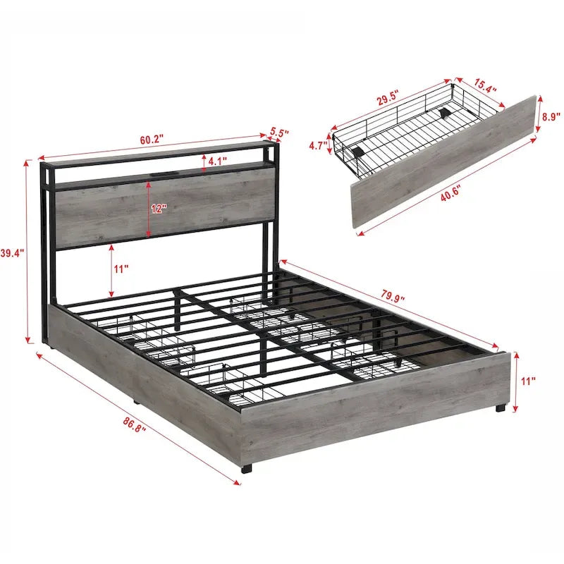 Wooden Bed Frame Storage Wingback Headboard with Charging Station and Drawers, No Box Spring Needed, Easy Assembly