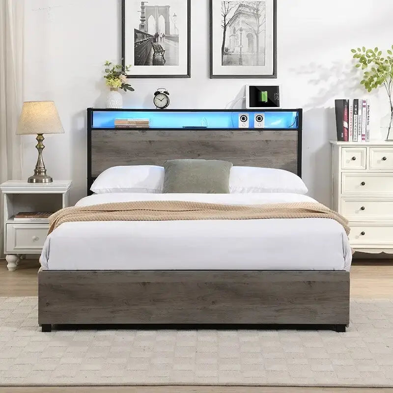 Wooden Bed Frame Storage Wingback Headboard with Charging Station and Drawers, No Box Spring Needed, Easy Assembly