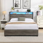 Wooden Bed Frame Storage Wingback Headboard with Charging Station and Drawers, No Box Spring Needed, Easy Assembly