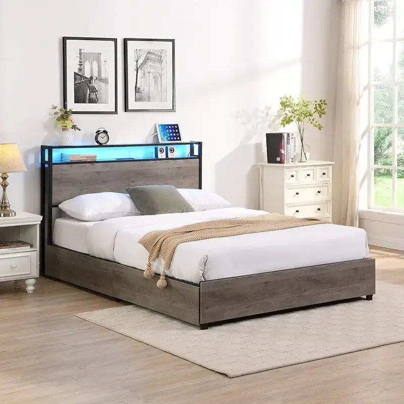 Wooden Bed Frame Storage Wingback Headboard with Charging Station and Drawers, No Box Spring Needed, Easy Assembly