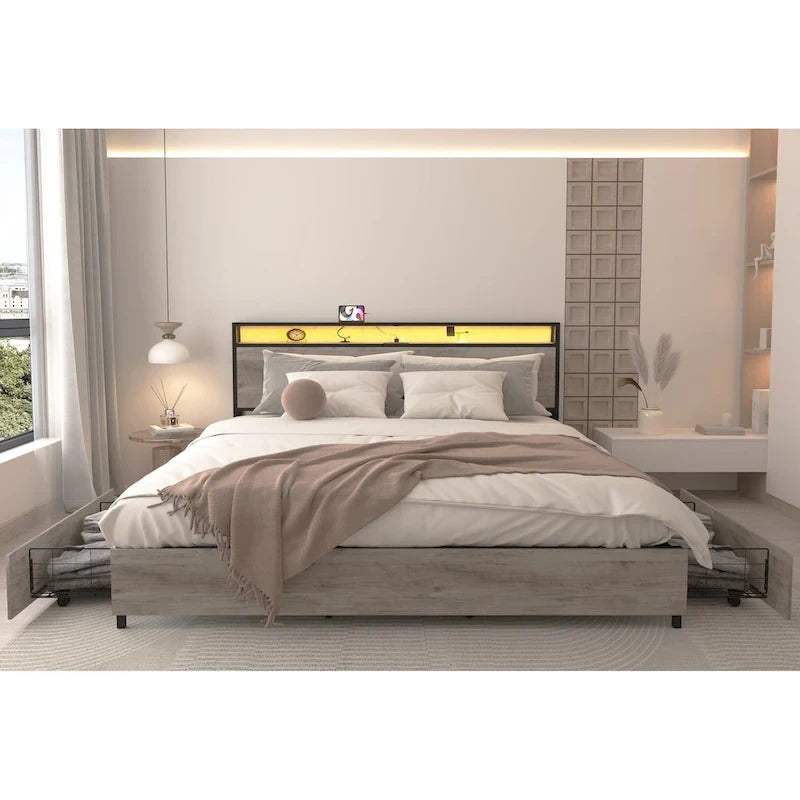 Wooden Bed Frame Storage Wingback Headboard with Charging Station and Drawers, No Box Spring Needed, Easy Assembly