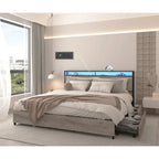 Wooden Bed Frame Storage Wingback Headboard with Charging Station and Drawers, No Box Spring Needed, Easy Assembly