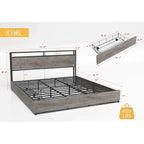 Wooden Bed Frame Storage Wingback Headboard with Charging Station and Drawers, No Box Spring Needed, Easy Assembly