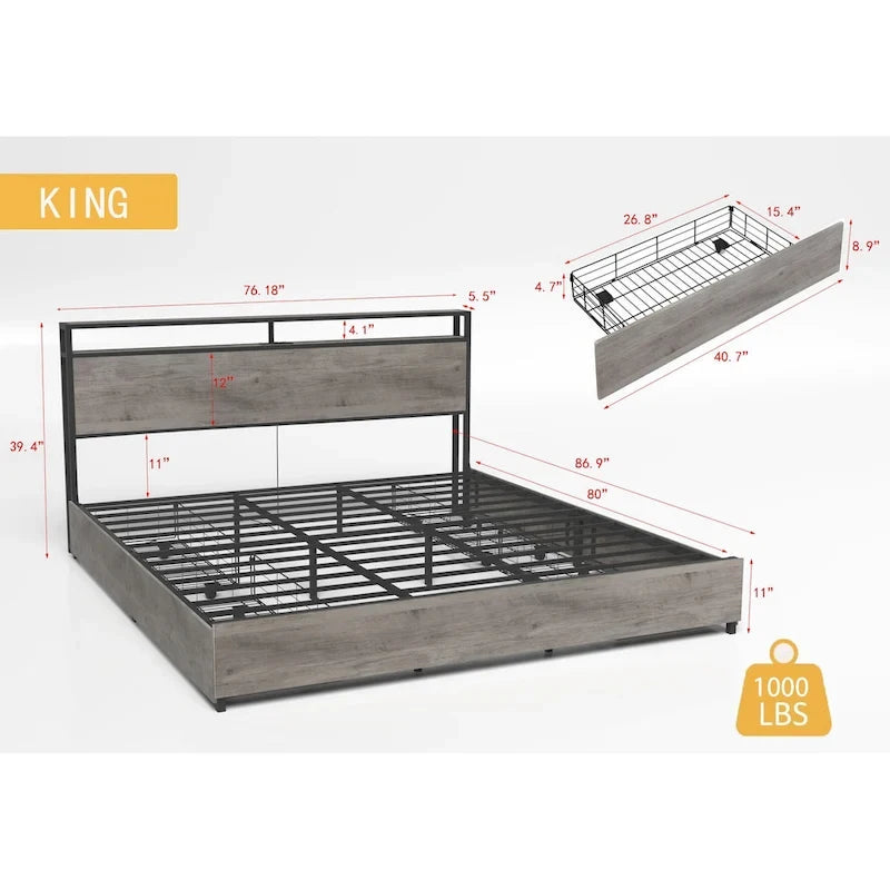 Wooden Bed Frame Storage Wingback Headboard with Charging Station and Drawers, No Box Spring Needed, Easy Assembly
