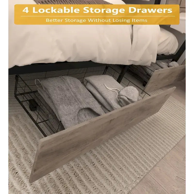 Wooden Bed Frame Storage Wingback Headboard with Charging Station and Drawers, No Box Spring Needed, Easy Assembly