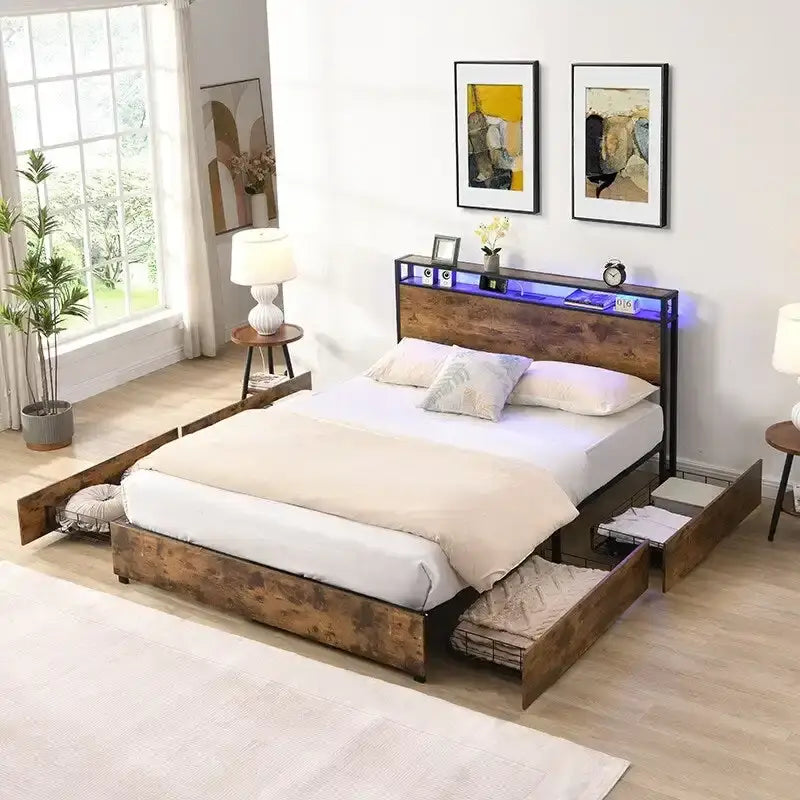 Wooden Bed Frame Storage Wingback Headboard with Charging Station and Drawers, No Box Spring Needed, Easy Assembly