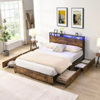 Wooden Bed Frame Storage Wingback Headboard with Charging Station and Drawers, No Box Spring Needed, Easy Assembly