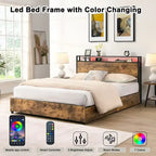 Wooden Bed Frame Storage Wingback Headboard with Charging Station and Drawers, No Box Spring Needed, Easy Assembly