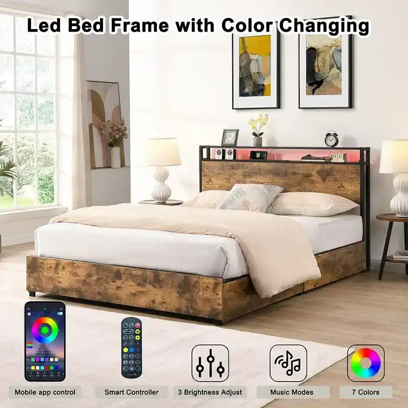 Wooden Bed Frame Storage Wingback Headboard with Charging Station and Drawers, No Box Spring Needed, Easy Assembly