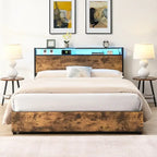 Wooden Bed Frame Storage Wingback Headboard with Charging Station and Drawers, No Box Spring Needed, Easy Assembly