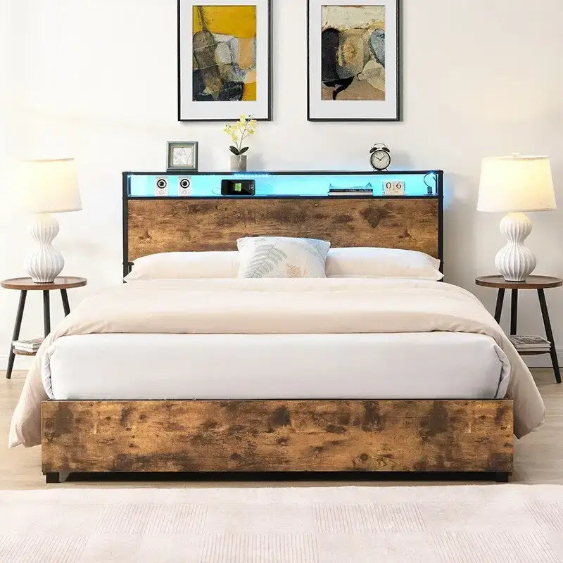 Wooden Bed Frame Storage Wingback Headboard with Charging Station and Drawers, No Box Spring Needed, Easy Assembly
