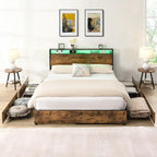 Wooden Bed Frame Storage Wingback Headboard with Charging Station and Drawers, No Box Spring Needed, Easy Assembly
