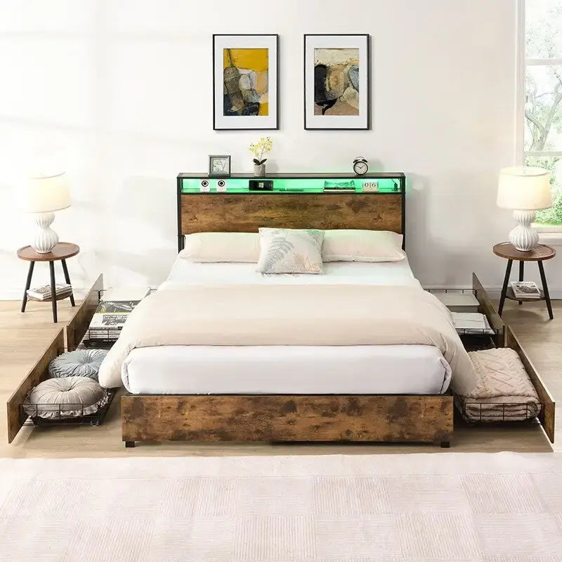 Wooden Bed Frame Storage Wingback Headboard with Charging Station and Drawers, No Box Spring Needed, Easy Assembly