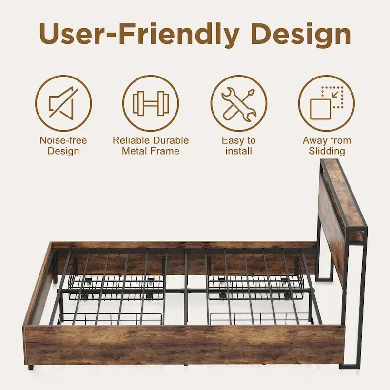 Wooden Bed Frame Storage Wingback Headboard with Charging Station and Drawers, No Box Spring Needed, Easy Assembly