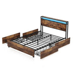Wooden Bed Frame Storage Wingback Headboard with Charging Station and Drawers, No Box Spring Needed, Easy Assembly