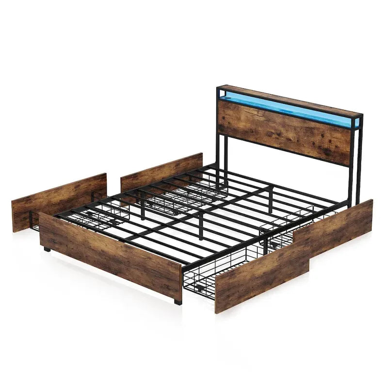 Wooden Bed Frame Storage Wingback Headboard with Charging Station and Drawers, No Box Spring Needed, Easy Assembly