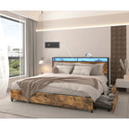 Wooden Bed Frame Storage Wingback Headboard with Charging Station and Drawers, No Box Spring Needed, Easy Assembly