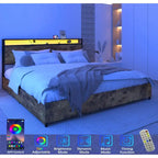Wooden Bed Frame Storage Wingback Headboard with Charging Station and Drawers, No Box Spring Needed, Easy Assembly