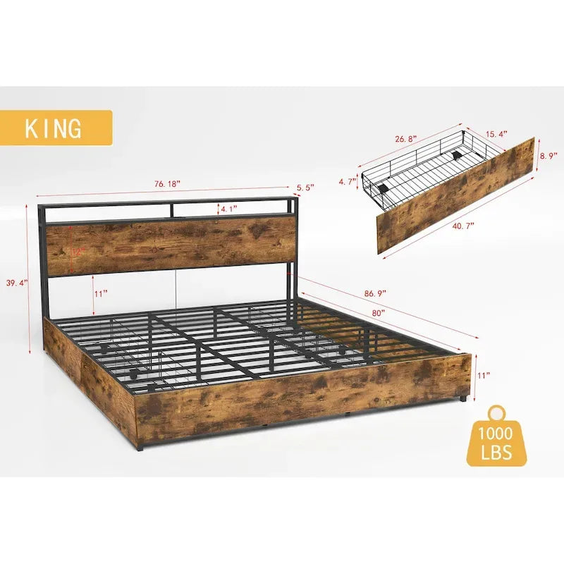 Wooden Bed Frame Storage Wingback Headboard with Charging Station and Drawers, No Box Spring Needed, Easy Assembly