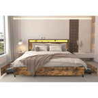 Wooden Bed Frame Storage Wingback Headboard with Charging Station and Drawers, No Box Spring Needed, Easy Assembly