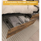 Wooden Bed Frame Storage Wingback Headboard with Charging Station and Drawers, No Box Spring Needed, Easy Assembly