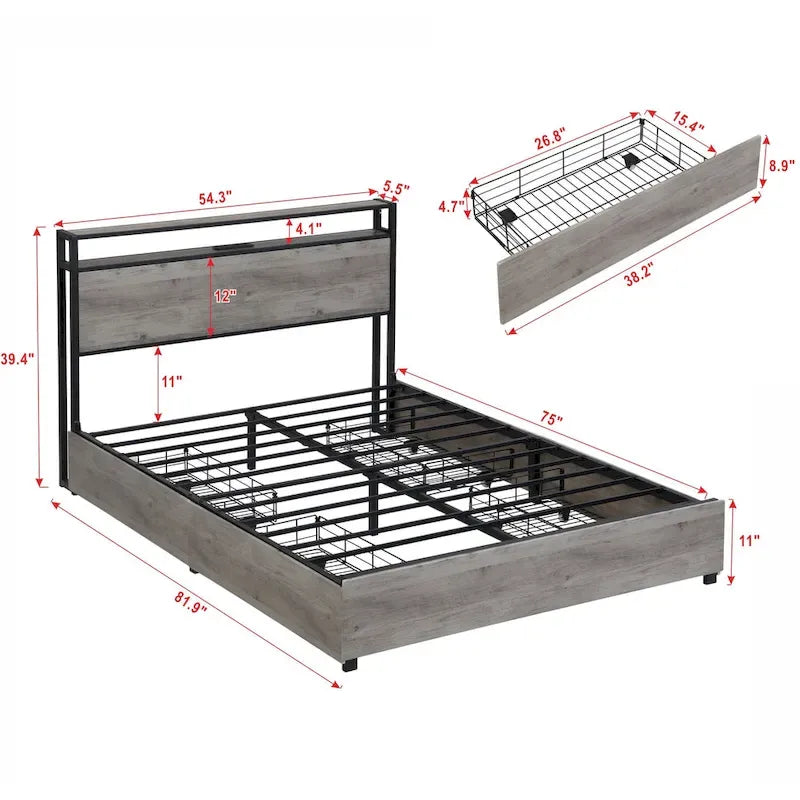 Wooden Bed Frame Storage Wingback Headboard with Charging Station and Drawers, No Box Spring Needed, Easy Assembly