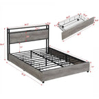 Wooden Bed Frame Storage Wingback Headboard with Charging Station and Drawers, No Box Spring Needed, Easy Assembly