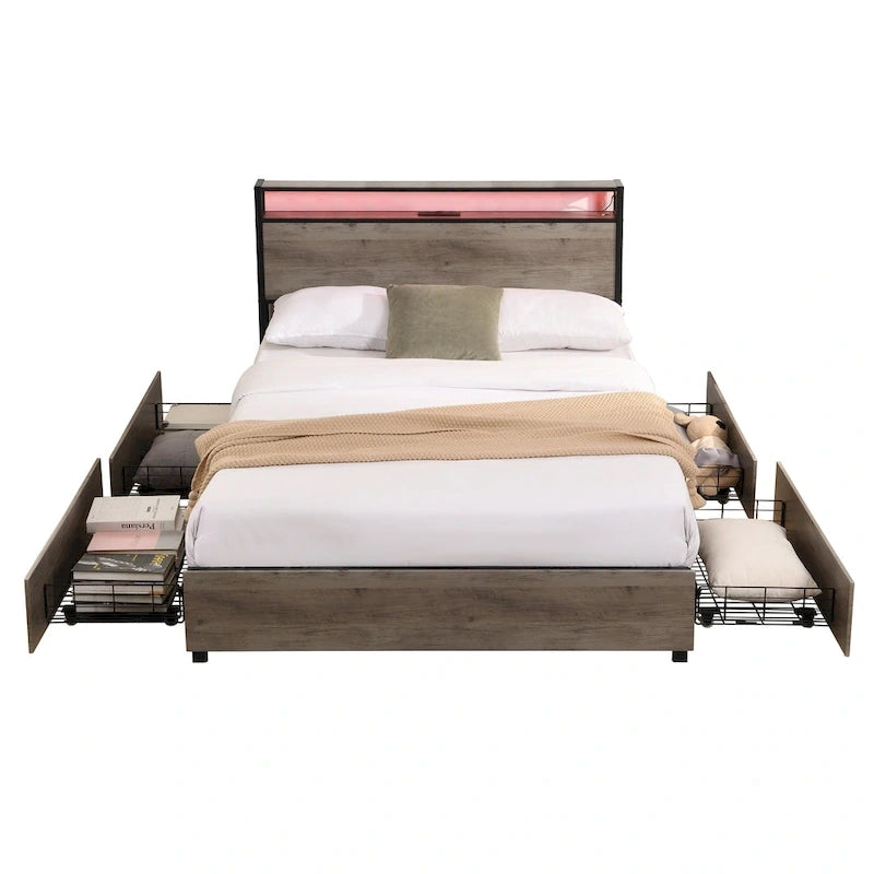 Wooden Bed Frame Storage Wingback Headboard with Charging Station and Drawers, No Box Spring Needed, Easy Assembly