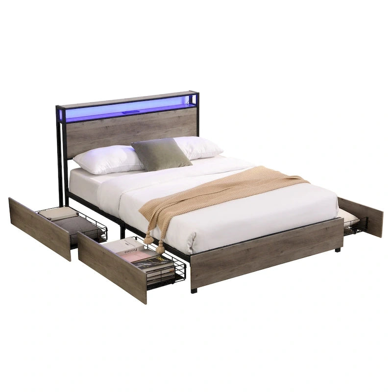 Wooden Bed Frame Storage Wingback Headboard with Charging Station and Drawers, No Box Spring Needed, Easy Assembly