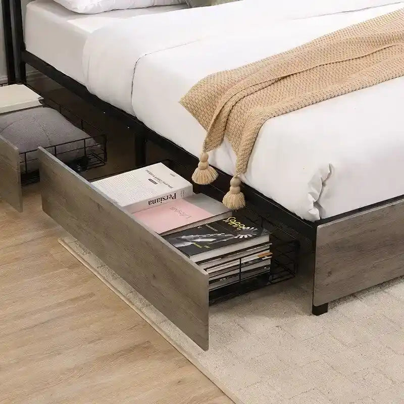 Wooden Bed Frame Storage Wingback Headboard with Charging Station and Drawers, No Box Spring Needed, Easy Assembly