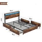 Wooden Bed Frame Storage Wingback Headboard with Charging Station and Drawers, No Box Spring Needed, Easy Assembly