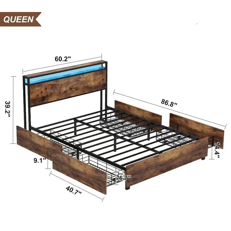 Wooden Bed Frame Storage Wingback Headboard with Charging Station and Drawers, No Box Spring Needed, Easy Assembly