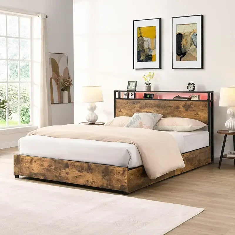 Wooden Bed Frame Storage Wingback Headboard with Charging Station and Drawers, No Box Spring Needed, Easy Assembly