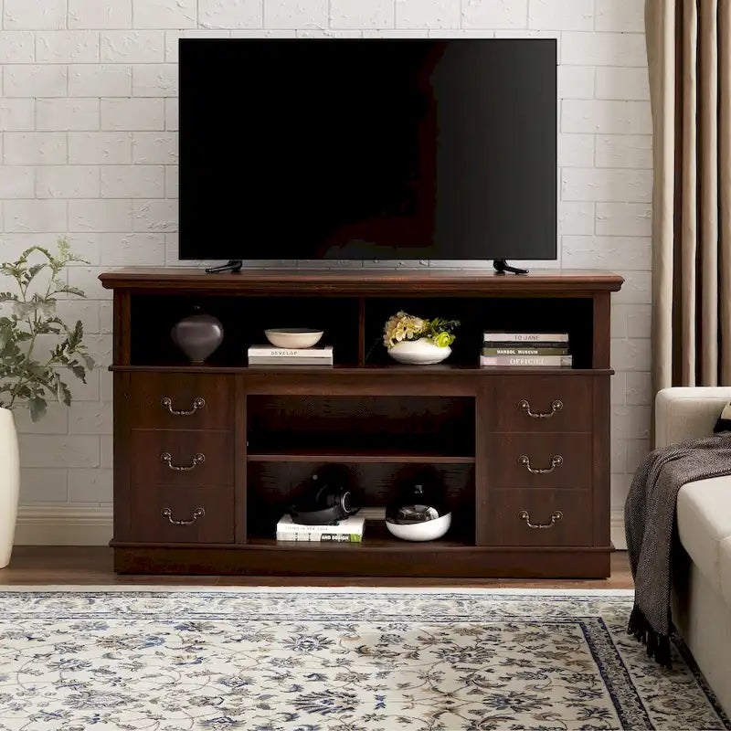 Traditional Rustic Farmhouse TV Stand with 6 Drawer, 4 Storage Shelf and Cable Management For Living Room Bedroom