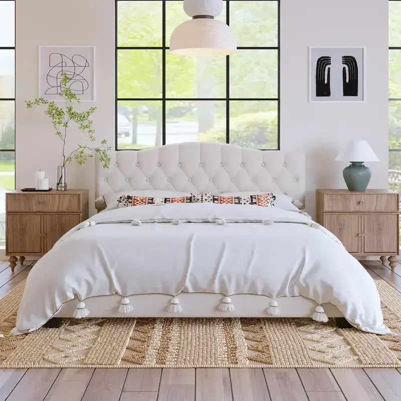 Platform Bed Frame with Saddle Curved Headboard, Modern Medieval Royal Style Platform Bed with Diamond Tufted Details