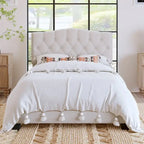 Platform Bed Frame with Saddle Curved Headboard, Modern Medieval Royal Style Platform Bed with Diamond Tufted Details