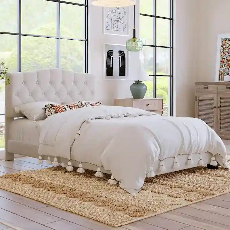 Platform Bed Frame with Saddle Curved Headboard, Modern Medieval Royal Style Platform Bed with Diamond Tufted Details